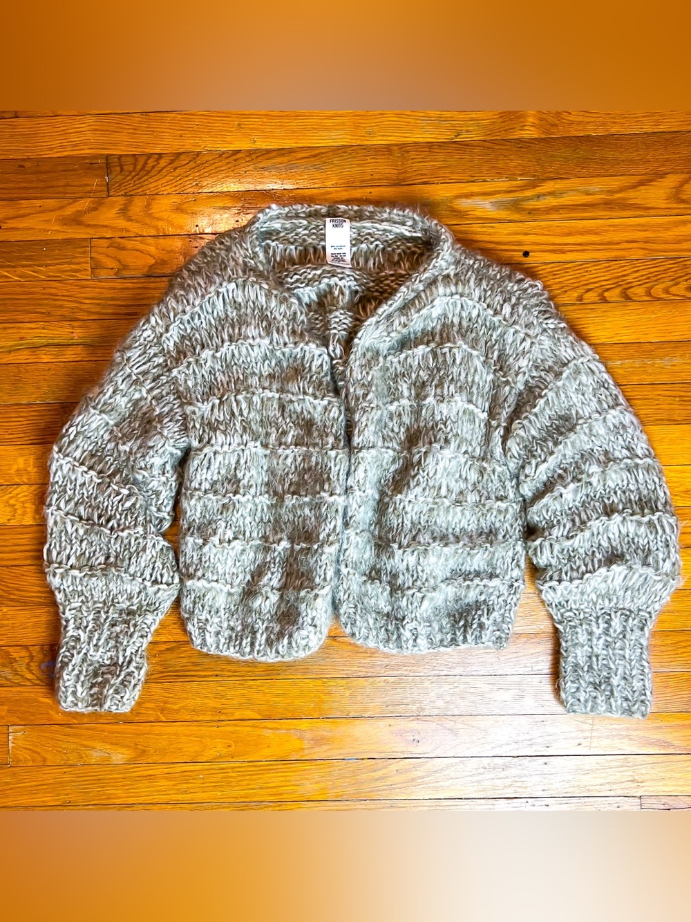 $456 Frisson Knits Mohair Cardigan O/S Gray Sand Chunky Soft Open Cozy Sweater